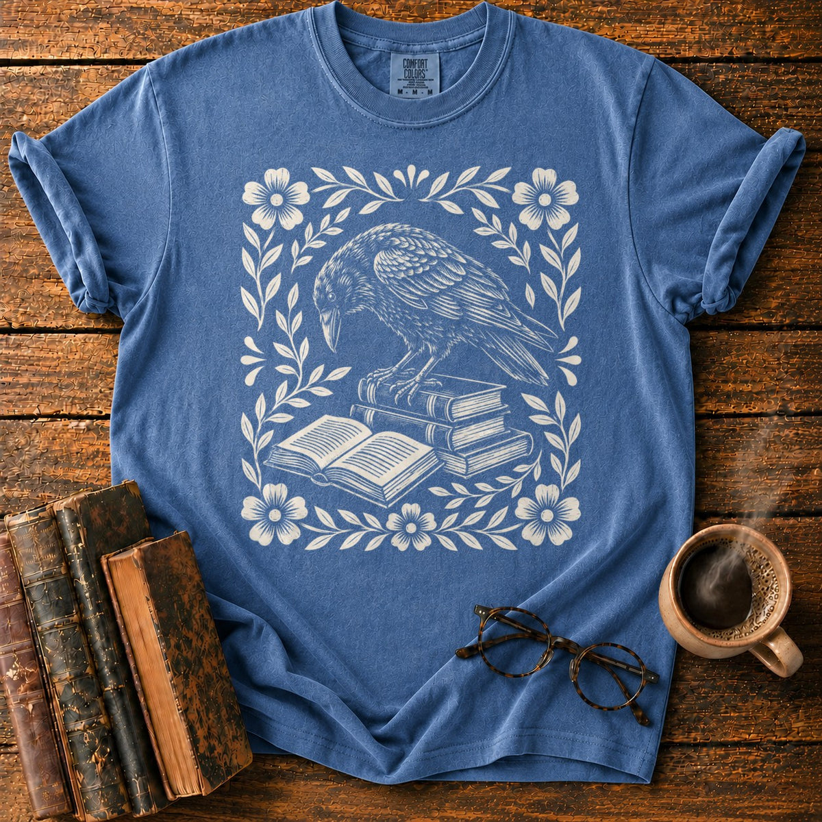 Woodcut Raven Floral Books T-Shirt in Denim – BooksThreads