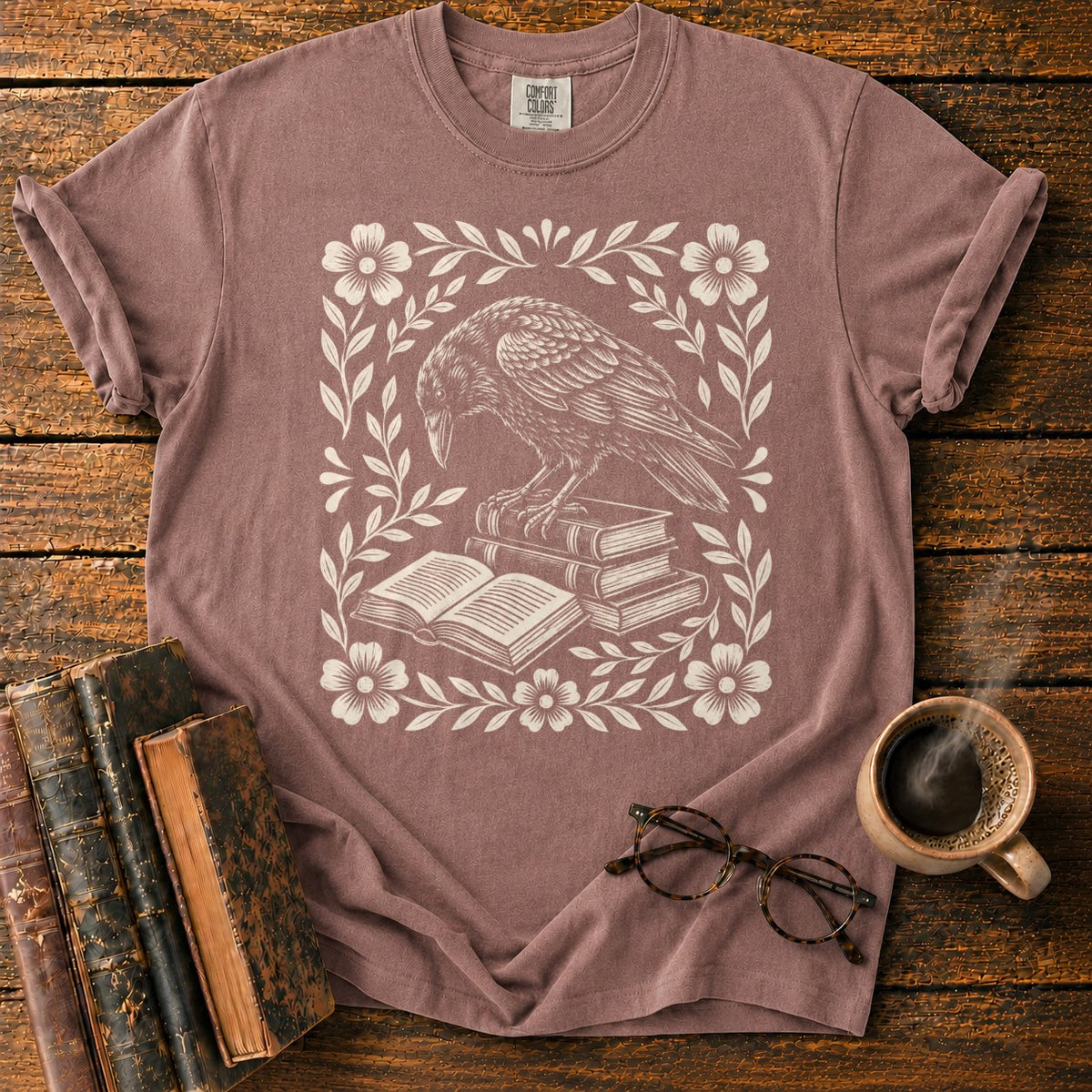Woodcut Raven Floral Books T-Shirt in Espresso – BooksThreads