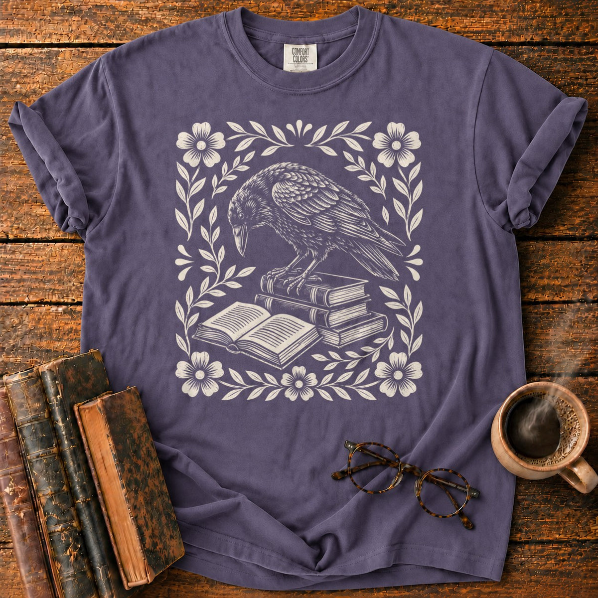 Woodcut Raven Floral Books T-Shirt in Grape – BooksThreads