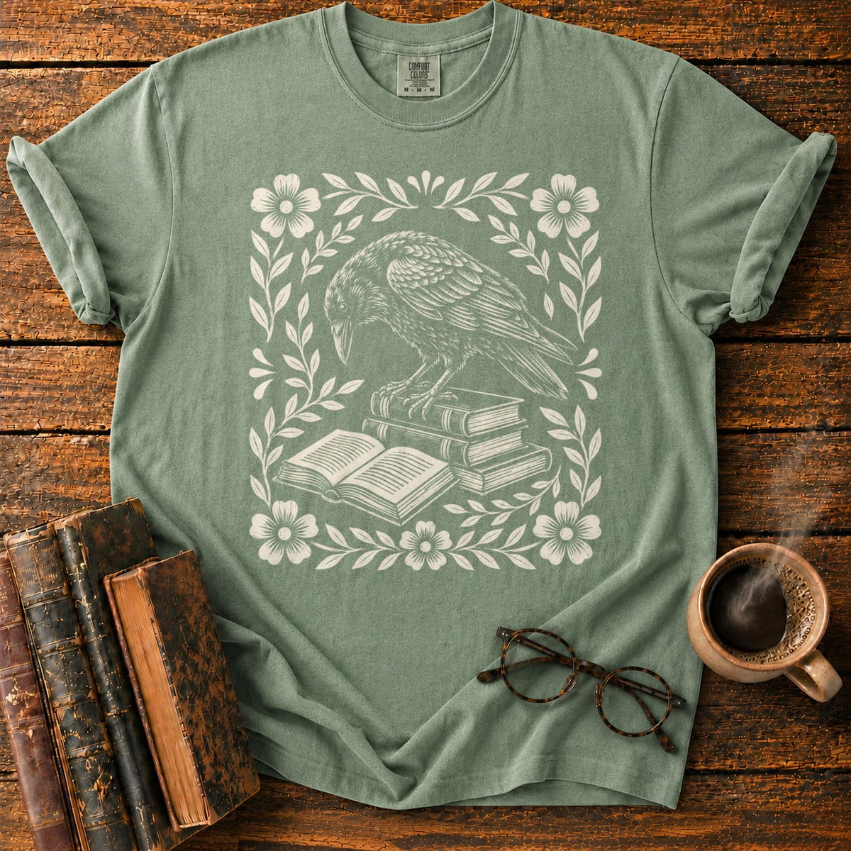Woodcut Raven Floral Books T-Shirt in Moss – BooksThreads