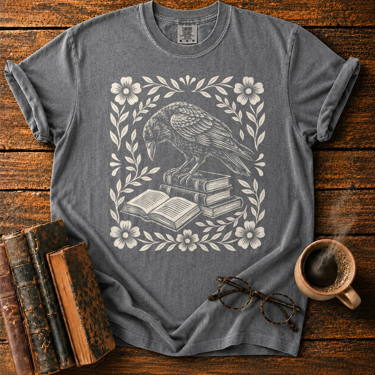 Woodcut Raven Floral Books T-Shirt in Pepper – BooksThreads