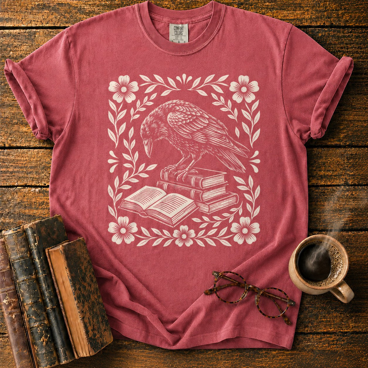 Woodcut Raven Floral Books T-Shirt in Watermelon – BooksThreads