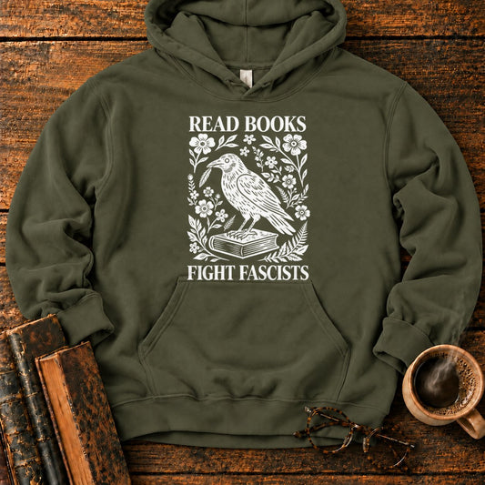 Woodcut Raven With Floral Wreath Hoodie in Military Green – BooksThreads