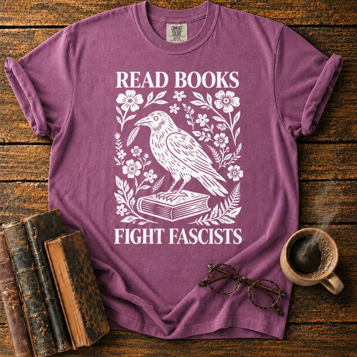 Woodcut Raven With Floral Wreath T-Shirt in Berry – BooksThreads