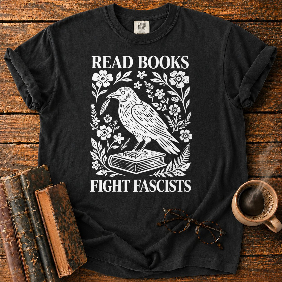 Woodcut Raven With Floral Wreath T-Shirt in Black – BooksThreads