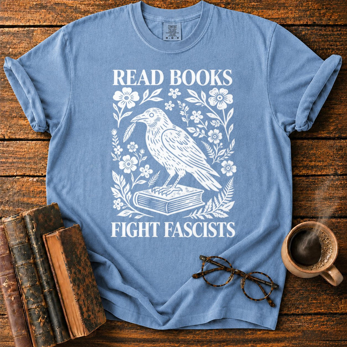 Woodcut Raven With Floral Wreath T-Shirt in Blue Jean – BooksThreads