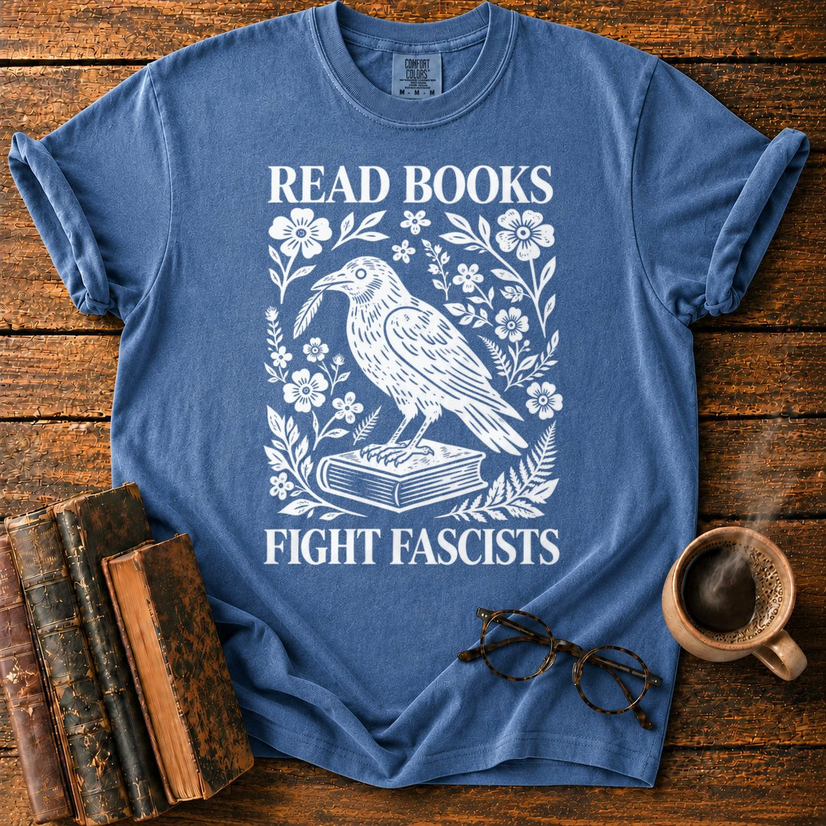 Woodcut Raven With Floral Wreath T-Shirt in Denim – BooksThreads