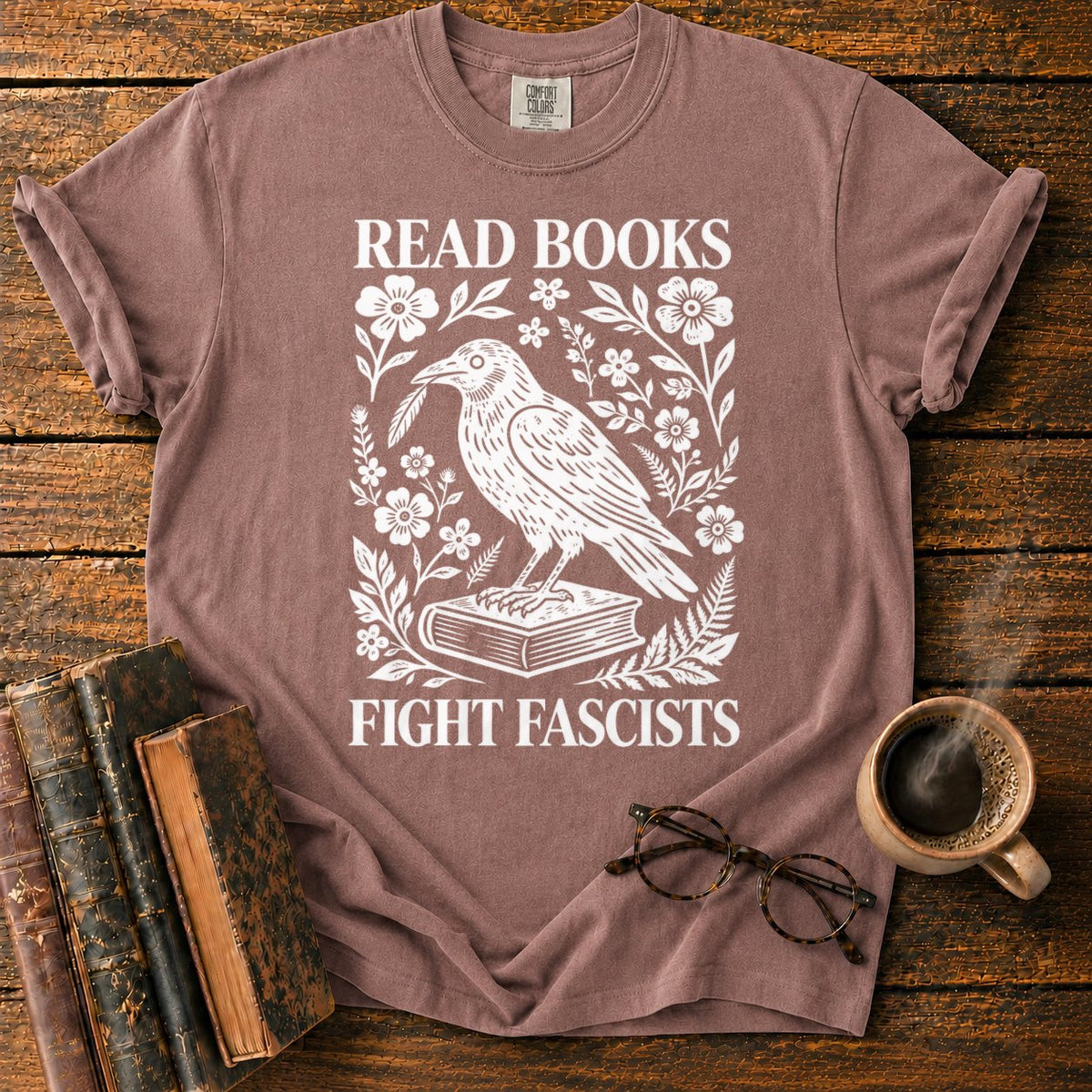 Woodcut Raven With Floral Wreath T-Shirt in Espresso – BooksThreads