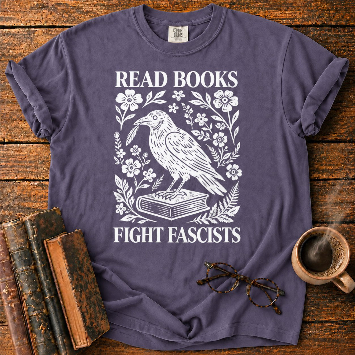 Woodcut Raven With Floral Wreath T-Shirt in Grape – BooksThreads