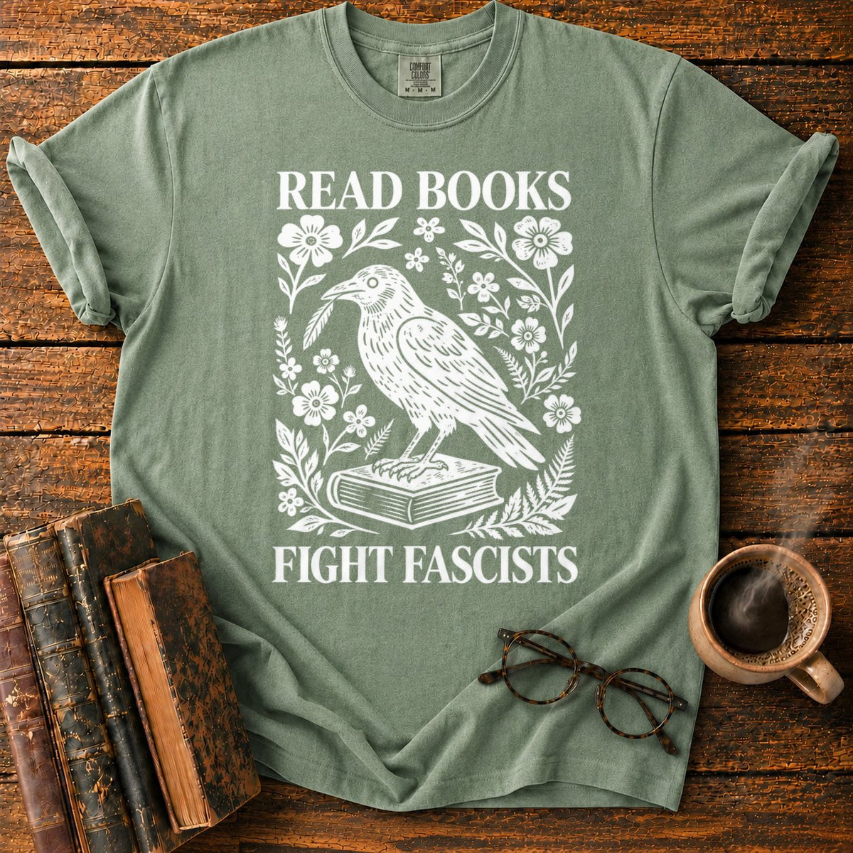 Woodcut Raven With Floral Wreath T-Shirt in Moss – BooksThreads