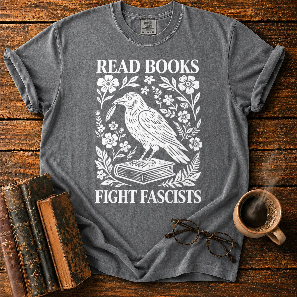 Woodcut Raven With Floral Wreath T-Shirt in Pepper – BooksThreads