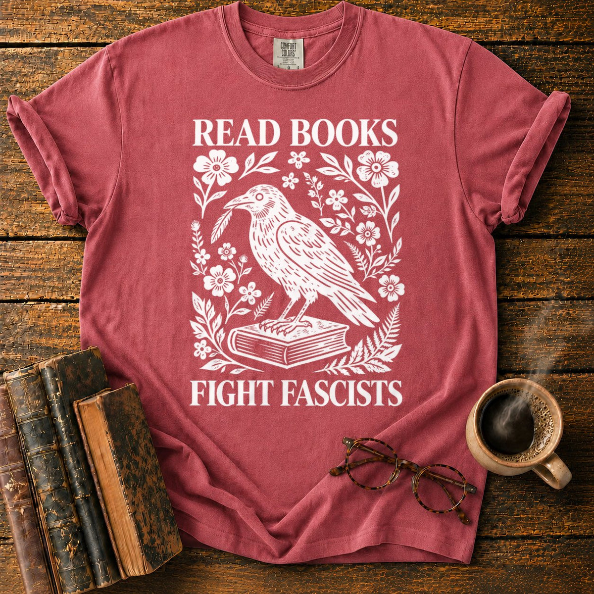 Woodcut Raven With Floral Wreath T-Shirt in Watermelon – BooksThreads